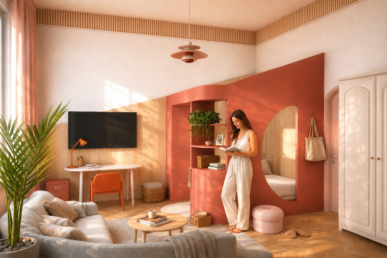 Micro-apartment with terracotta sleeping niche and workspace