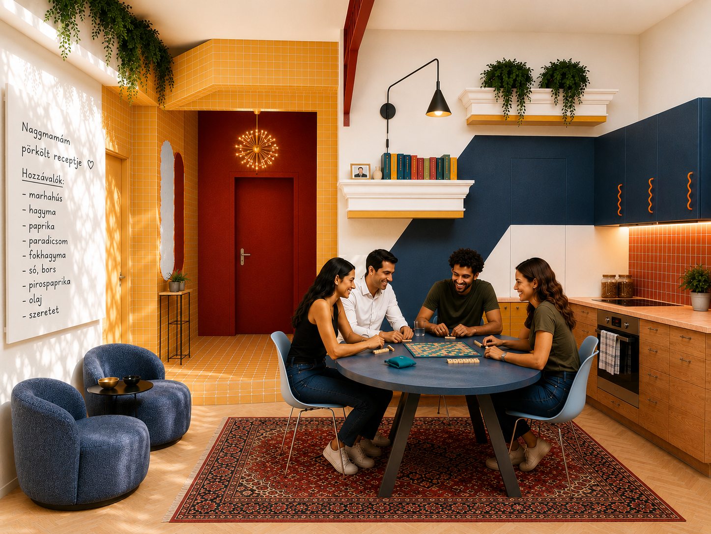 Shared dining and living space — residents around the community table