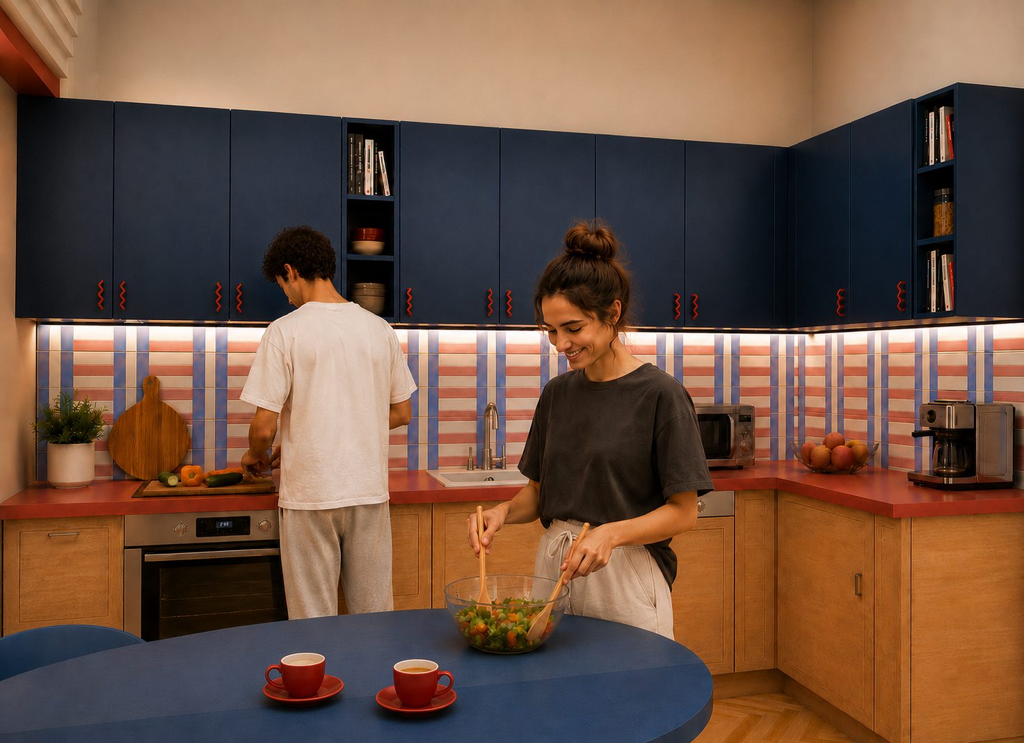 Shared kitchen in the evening — residents cooking together