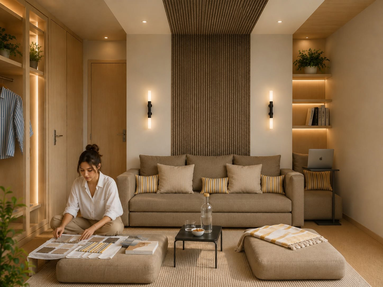Micro-apartment living room — shared-living visualisation